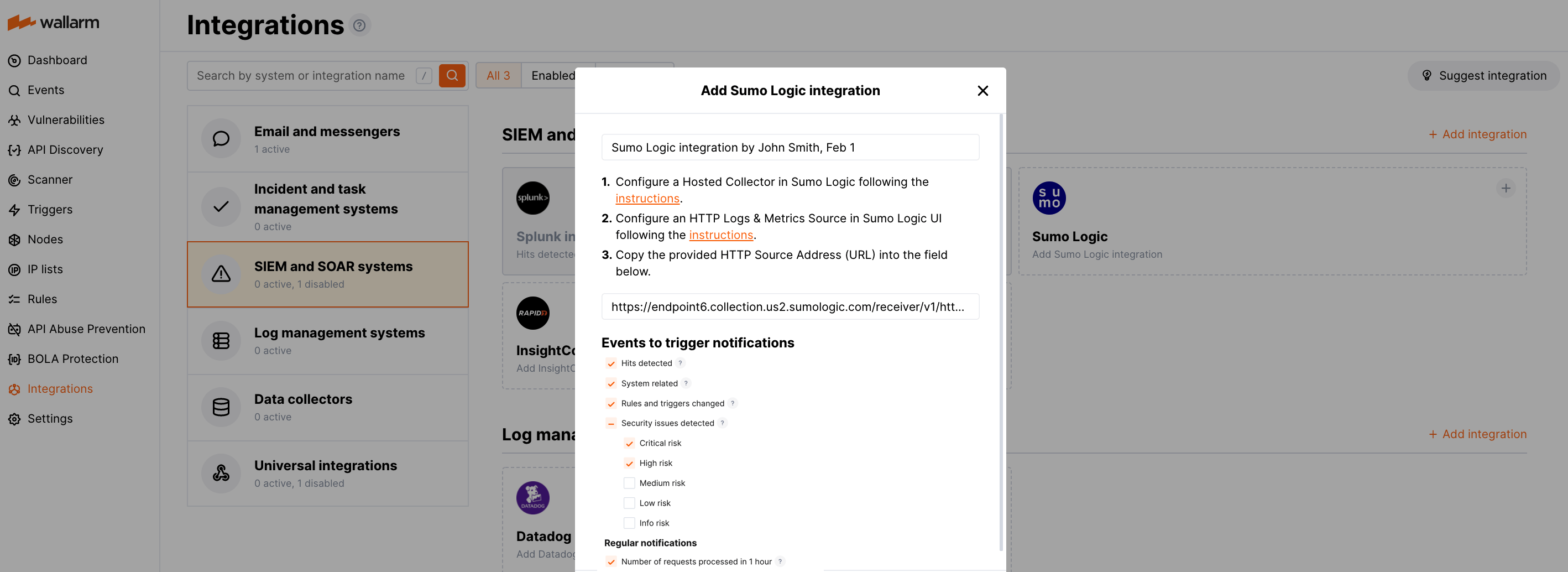 إدماج Sumo Logic