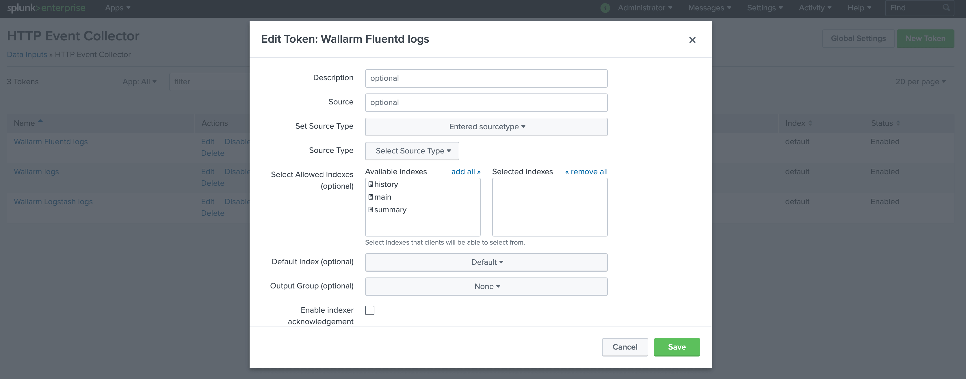 تكوين HTTP Event Collector
