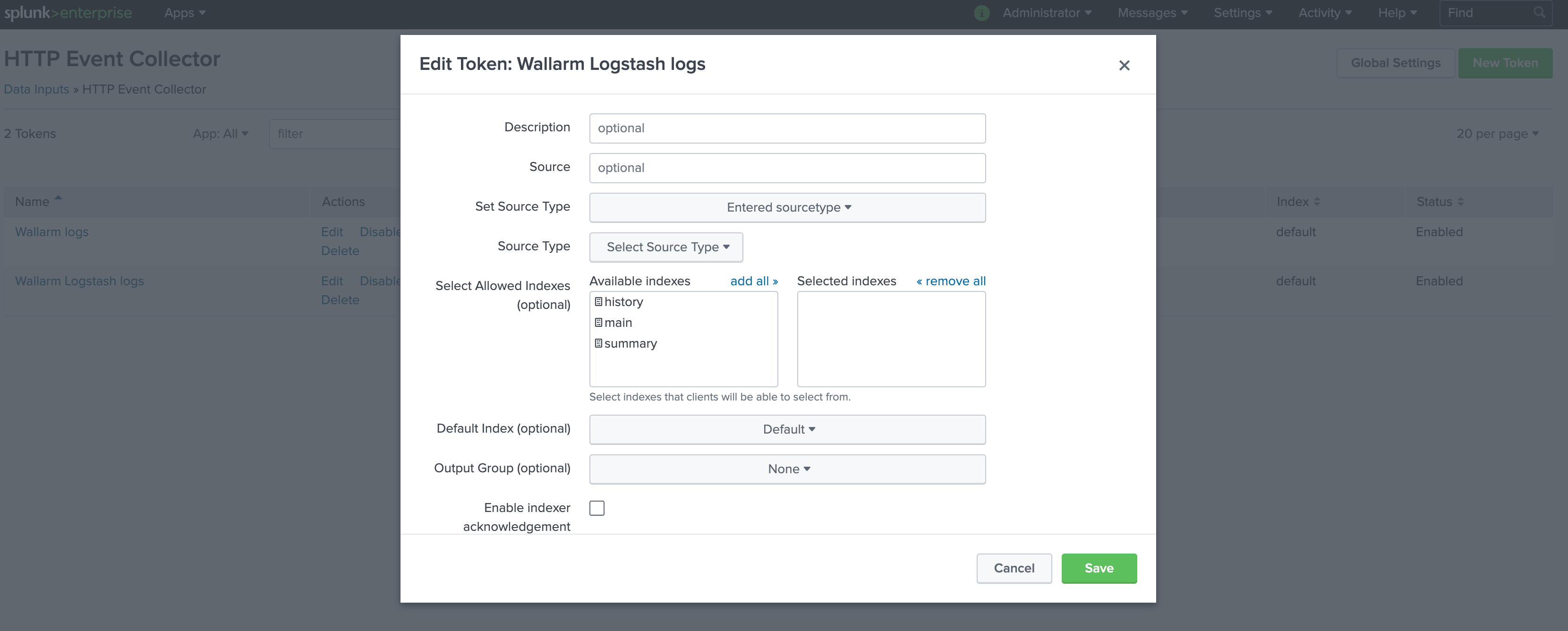 تكوين HTTP Event Collector