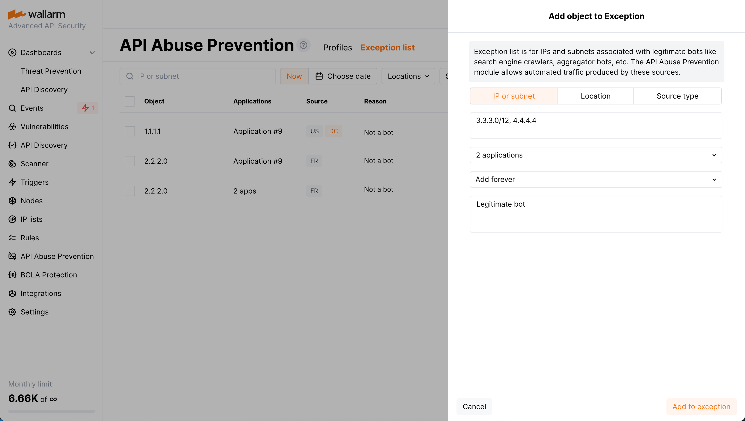 API Abuse Prevention - exception list内から項目を追加