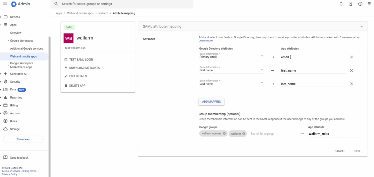 SAML SSOソリューション - G Suite - マッピング