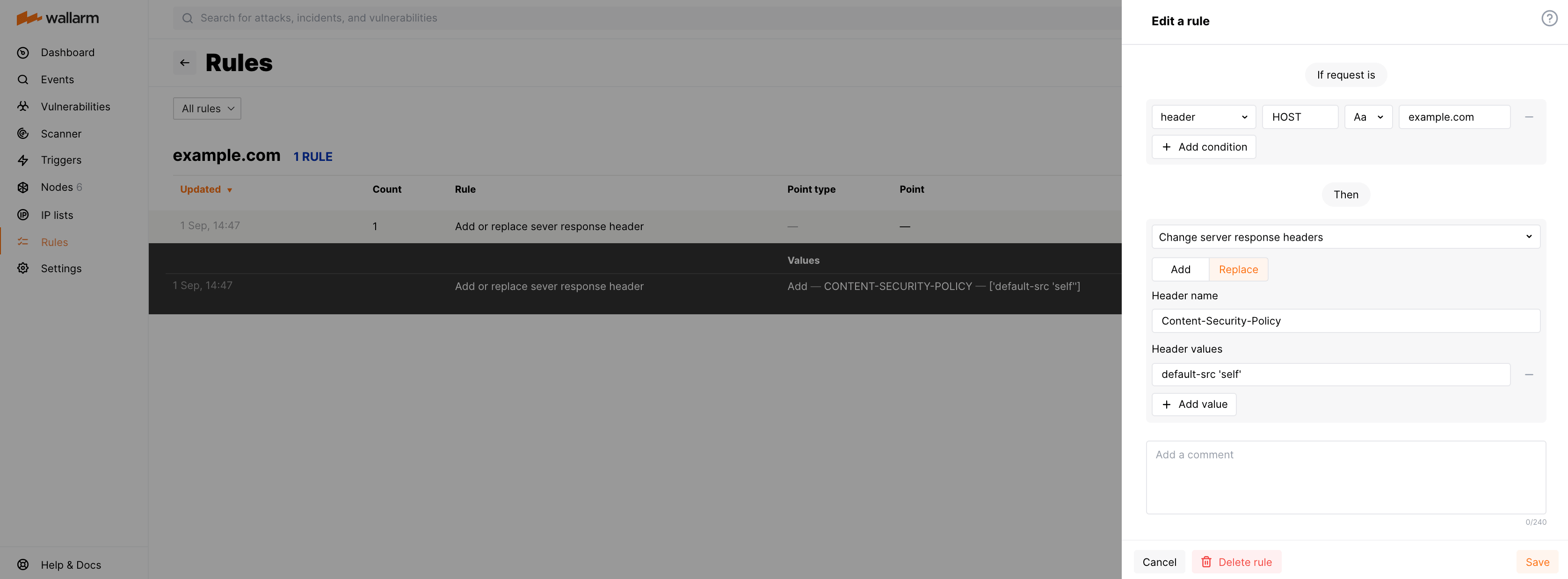 ルール「Change server response headers」の例