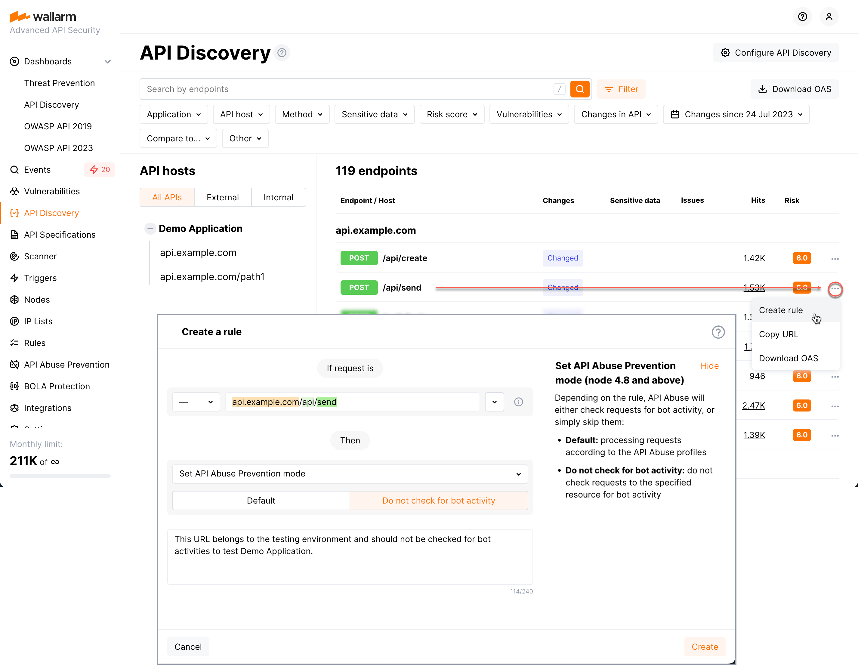 API Discoveryのエンドポイントに対するSet API Abuse Prevention modeの作成