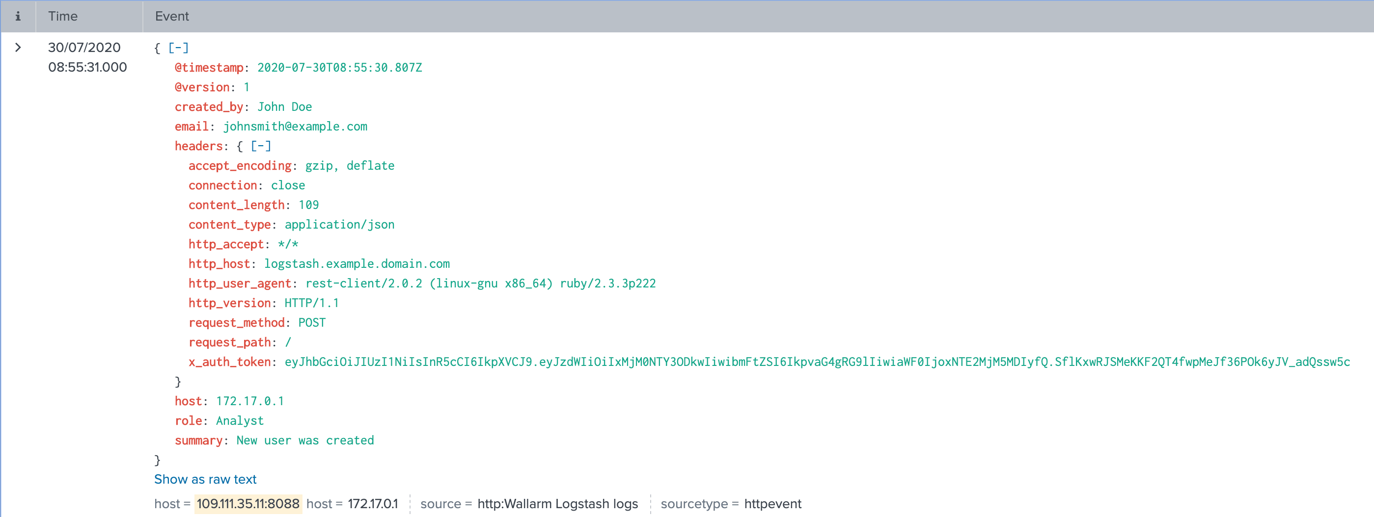 LogstashからSplunkに表示される新規ユーザーカード